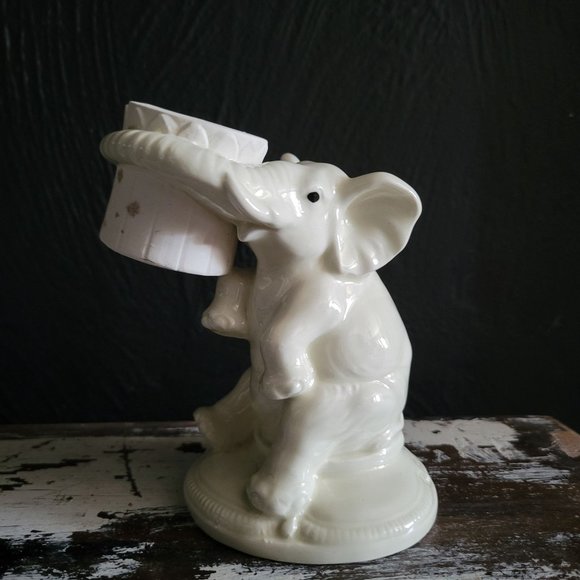 Vintage QQ Ceramic White Elephant Holding Barrel with Trunk, Elephant FIgurine - Picture 1 of 8
